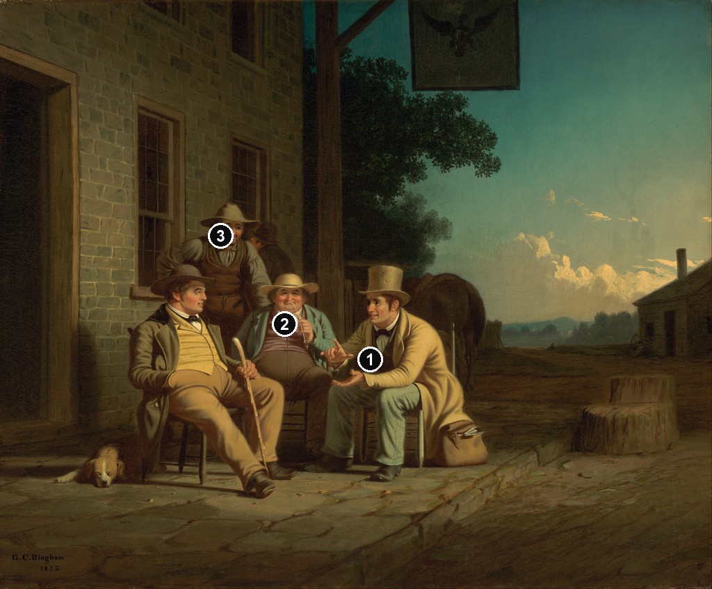 Annotated details from Canvassing for a Vote, 1852 by George Caleb Bingham